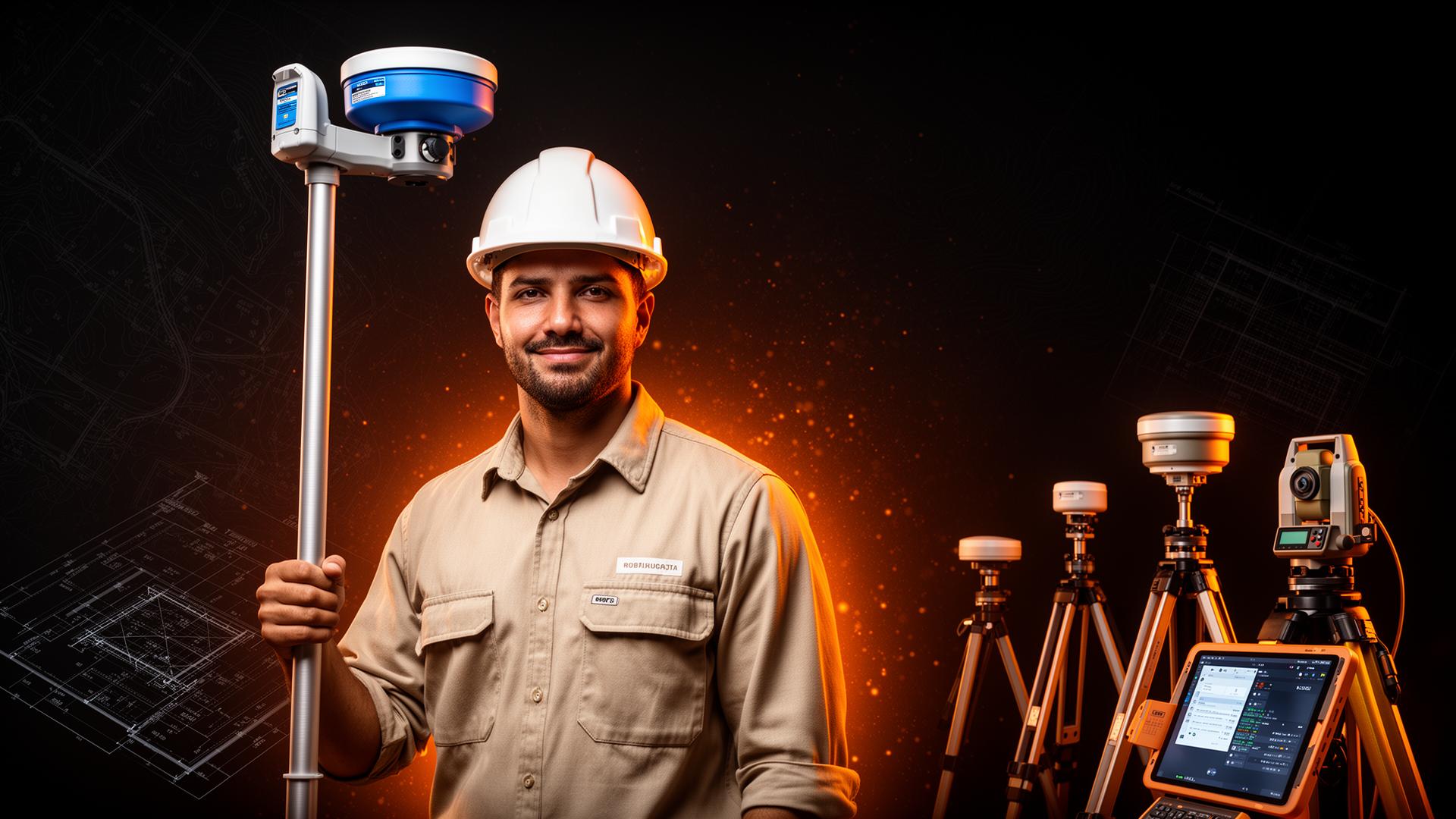 Profissional de topografia com equipamento RTK GNSS